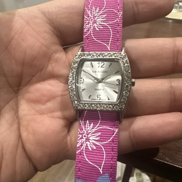 Working Kim Rogers 27mm Pink Flower Band Crystal Square Dial Woman's Watch Fit 8 - Picture 1 of 7